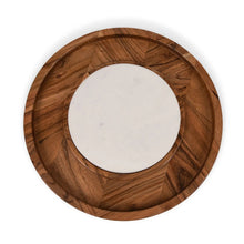 Acacia wood serving platter with circular marble insert, top view