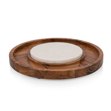 Acacia wood serving platter with round marble insert center
