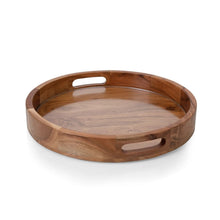 Round acacia wood serving tray with glass insert, empty with two side handles