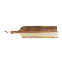 Acacia wood charcuterie board with rope handle and rounded cutout end