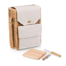 Picnic wine-and-cheese basket with woven base and cream fabric front flap