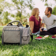 Gray insulated picnic cooler bag with carry handle and side strap