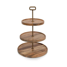 3-tier mango wood serving tray with three round platforms and arched carrying handle