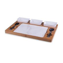 Wooden ice cream mixing set tray with white marble board and two mixing spoons
