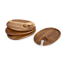 Wooden oval appetizer plates with handle notches, set of four, stacked