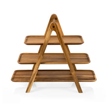 3-tier wooden serving ladder with three shelves on an A-frame base