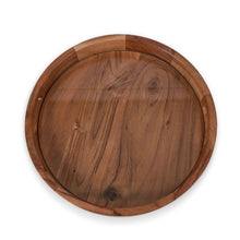 Round acacia wood serving tray, smooth wood surface with raised rim