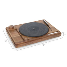Acacia wood turntable cheese board with dark slate-style disc insert and included knife.