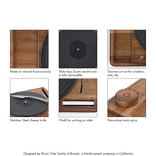 Acacia turntable cheese board with dark slate insert, stainless cheese knife, and spinning knob.