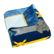 Blue and yellow character throw blanket with Pikachu pattern and stitched edges