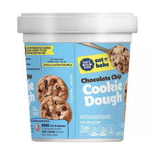 Chocolate chip cookie dough tub with cookie photos and eat raw label