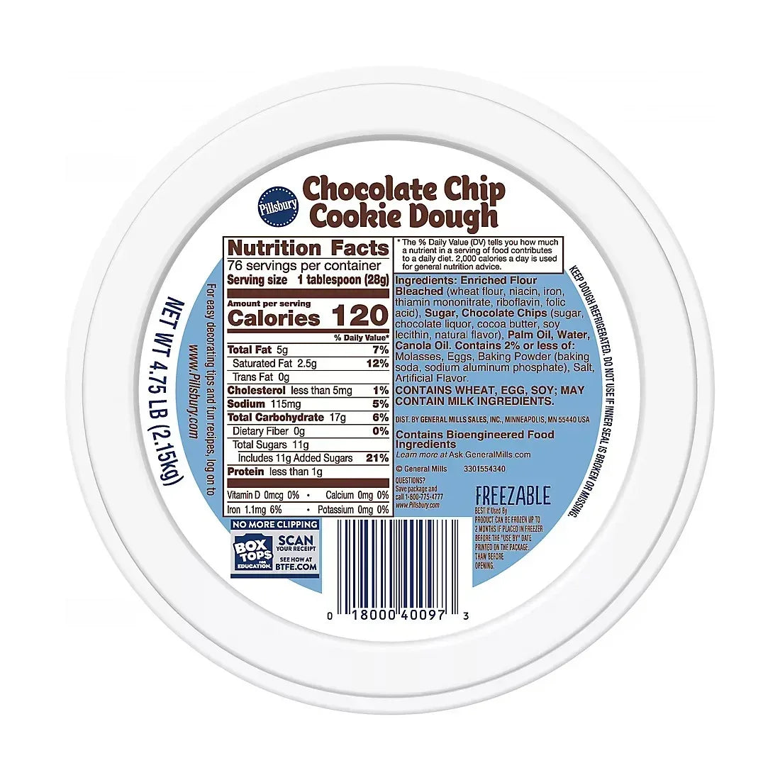 Pillsbury Chocolate Chip Cookie Dough Tub, Bakes 76 Cookies, 4.75 lbs.