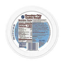 Chocolate chip cookie dough tub with nutrition facts panel on the side