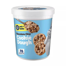 Chocolate chip cookie dough tub side view with cookie images and 76 cookies