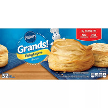 Pillsbury Grands flaky layer biscuits box with open biscuits photo and 32 count label
