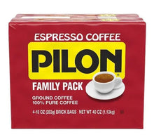 Espresso coffee family pack box with Pilon logo and cup graphic, red ground coffee bricks