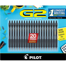 Set of 20 black gel roller pens with fine tips in a packaged display