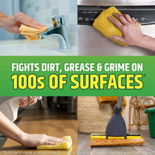 Multi-surface cleaner in use with yellow cloth on sink and countertop
