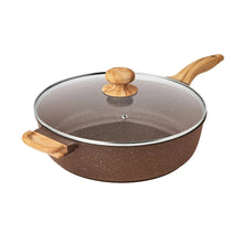 Brown speckled cast aluminum jumbo saute pan with glass lid and wood handles