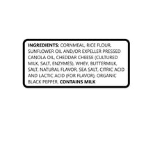 Ingredients list for cheddar puffs: cornmeal, rice flour, sunflower oil