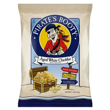 Aged white cheddar cheese snack bag with Pirate's Booty seal and baked-not-fried badge