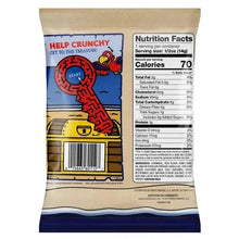 Cheese snack bag back with Help Crunchy treasure text and Nutrition Facts panel