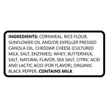 Cheese snack ingredients list text on package back, includes cornmeal, rice flour, and cheddar