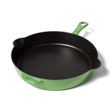 11-inch traditional skillet with green exterior and black interior, short handle and side grips