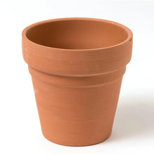 Medium terra cotta flower pot with ridged bands, unpainted surface