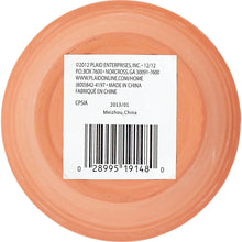 Terra cotta flower pot bottom with barcode label sticker, unpainted