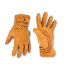 Brown leather gloves, two pairs shown, padded knuckles and finger panels