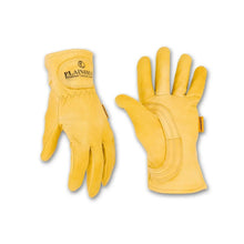 Tan leather gloves, stitched knuckles and padded cuffs, pair laid flat