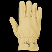 Tan cowhide leather work glove, palm and fingers detail