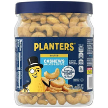 Salted cashew halves and pieces canister with blue lid and PLANTERS label