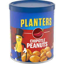 Planters chipotle peanuts canister with blue lid and red chipotle peanuts graphic