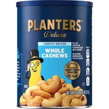 PLANTERS Deluxe lightly salted whole cashews can with nutrition and label text