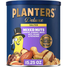 Planters Deluxe salted mixed nuts canister, 15.25 oz front label