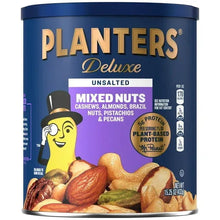Mixed nuts snack can with PLANTERS Deluxe unsalted label and nut variety icons