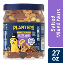 Salted mixed nuts canister with blue lid and clear jar, nuts visible through packaging