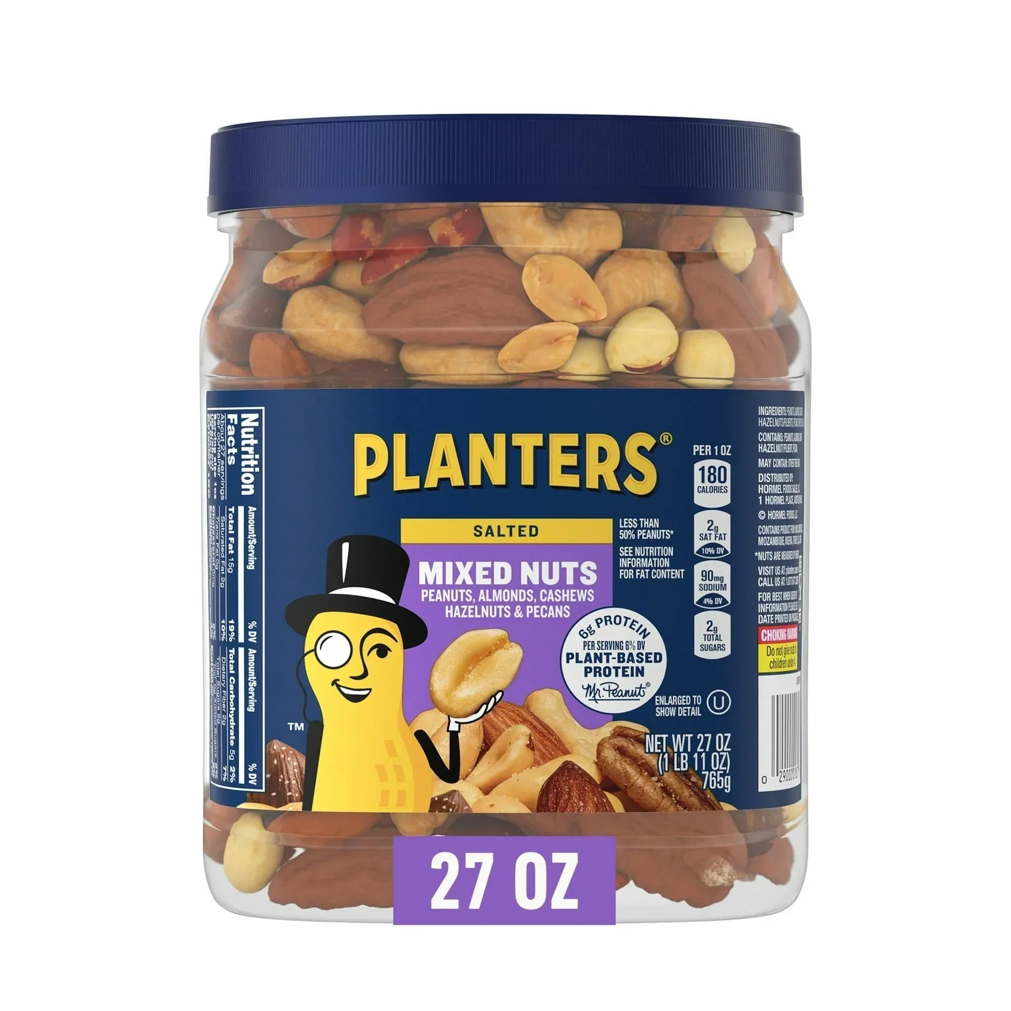 PLANTERS Salted Mixed Nuts, Party Snacks, Plant-Based Protein, 27 oz Canister