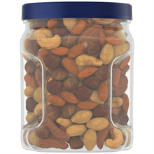 Salted mixed nuts canister with blue lid and clear jar, nuts visible inside