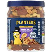 Salted mixed nuts canister with blue lid and front label, nuts visible through jar
