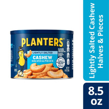 Lightly salted cashew halves and pieces canister with blue PLANTERS label and cashews