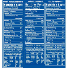 Nutrition Facts panels for salted cashews, salted peanuts, and honey roasted peanuts