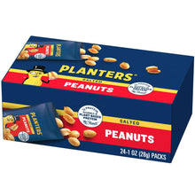 Salted peanut snack box with multiple 1 oz packs, blue and red Planters design