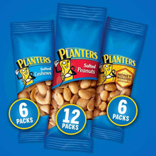 Planters variety snack pouches labeled 6, 12, and 6 packs for nuts