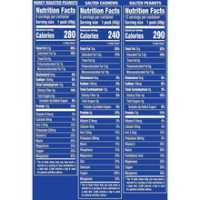 Nutrition facts for honey roasted peanuts, salted cashews, and salted peanuts