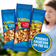 Three Planters snack pouches for salted cashews and salted or honey-roasted peanuts
