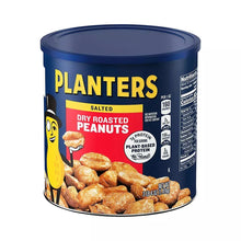 Dry roasted peanuts can, blue Planters container with salted peanut illustration.