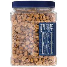 Honey roasted peanuts jar with nutrition label on side, clear plastic container